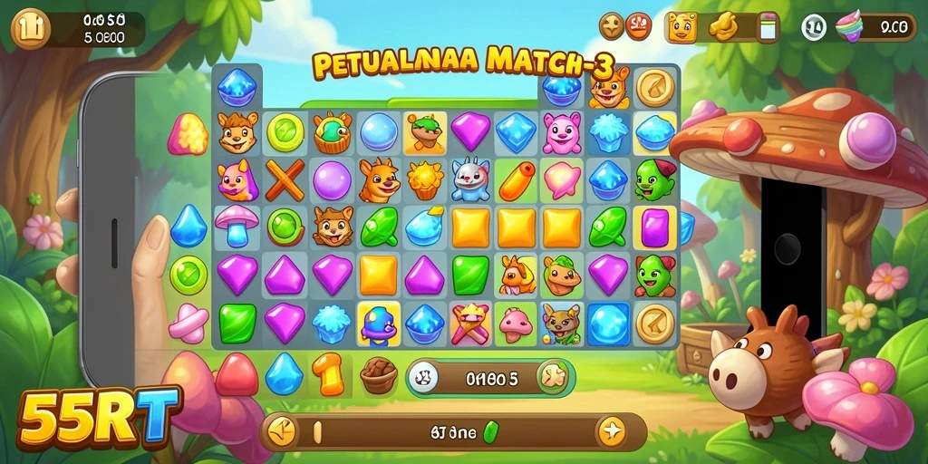 Screenshot gameplay 55RT menampilkan aksi seru Match-3.