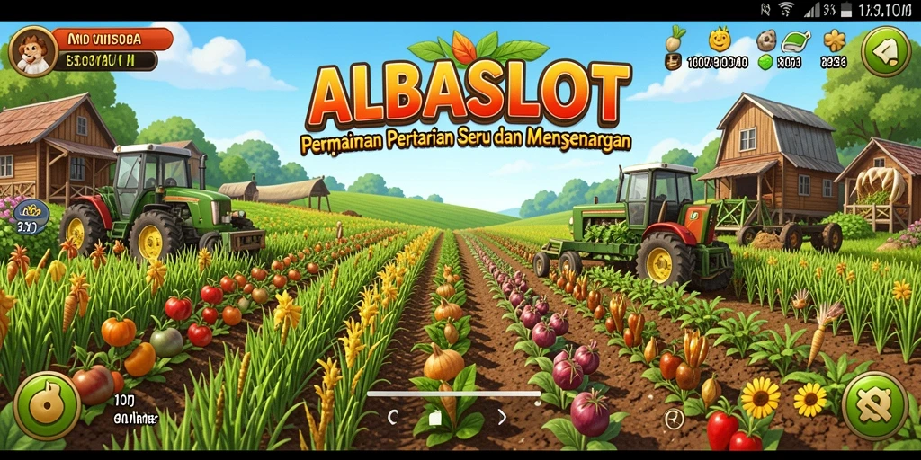 Tampilan gameplay ALBASLOT yang menggambarkan ladang yang subur dan berwarna-warni.