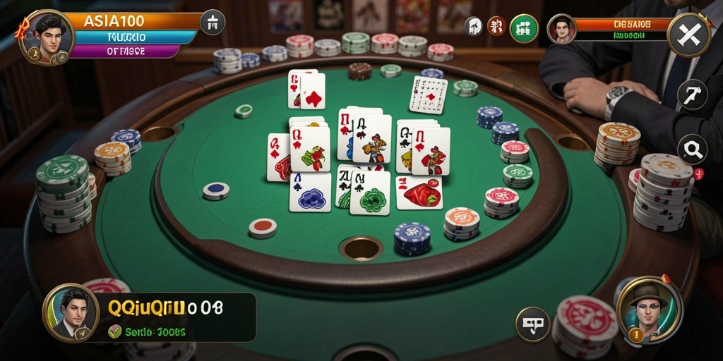Tampilan gameplay seru dari ASIA100 yang menunjukkan pertandingan QiuQiu.