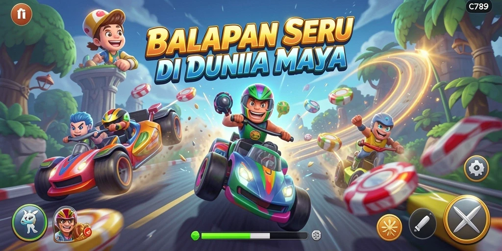 Tampilan gameplay C789 dengan mobil balap yang melaju kencang.
