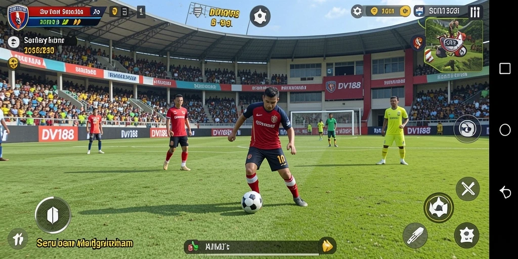 Tangkapan layar gameplay <strong>DV188</strong> menampilkan aksi seru dalam permainan sepak bola.