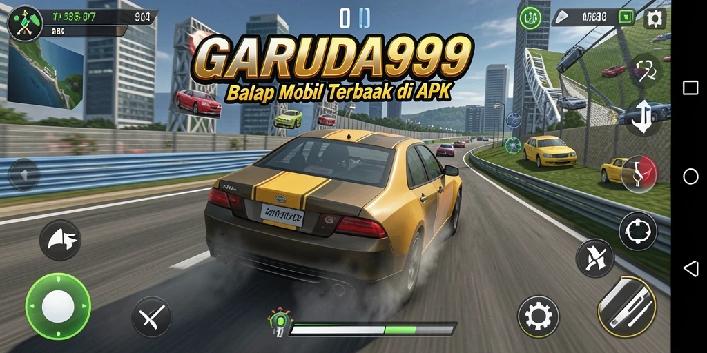 Tangkapan layar GARUDA999 menunjukkan balapan menegangkan dengan mobil yang bersaing.