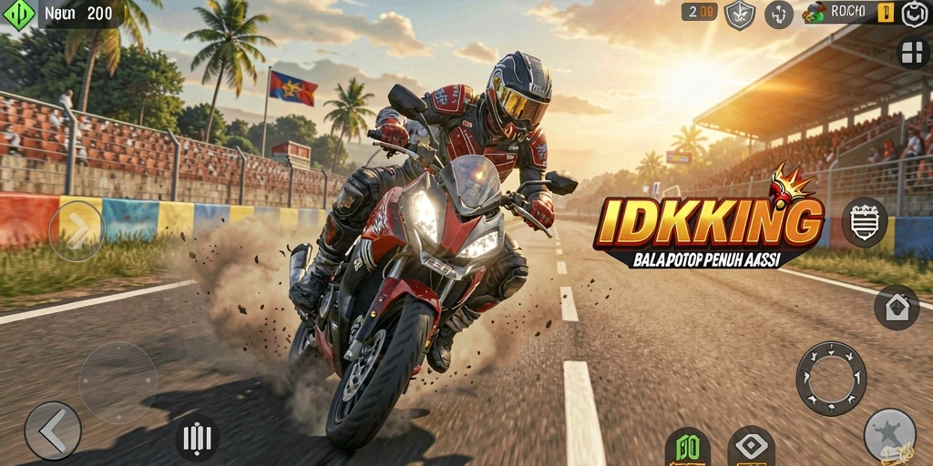 Screenshot gameplay IDRKING dengan motor balap yang sedang melaju kencang.