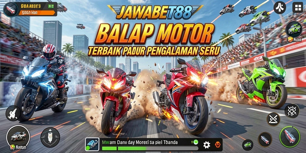 Tampilan gameplay seru di JAWABET88 menunjukkan aksi balap motor yang mendebarkan.