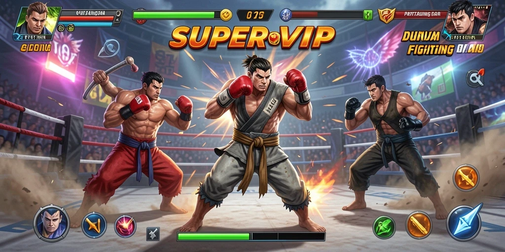 Tampilan gameplay pertarungan seru dalam SUPERVIP.