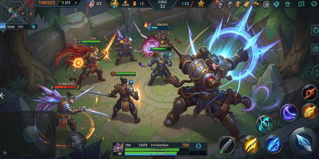 Screenshot gameplay TAR555 yang menunjukkan pertarungan strategis di arena MOBA.