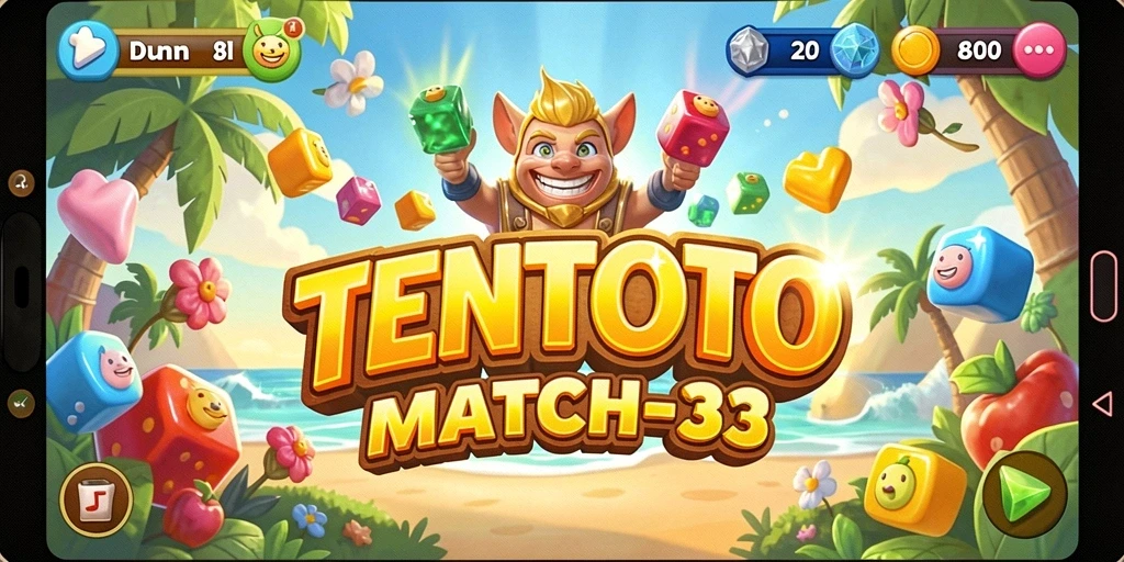 Screenshot gameplay TENTOTO menunjukkan aksi mencocokkan elemen warna-warni.