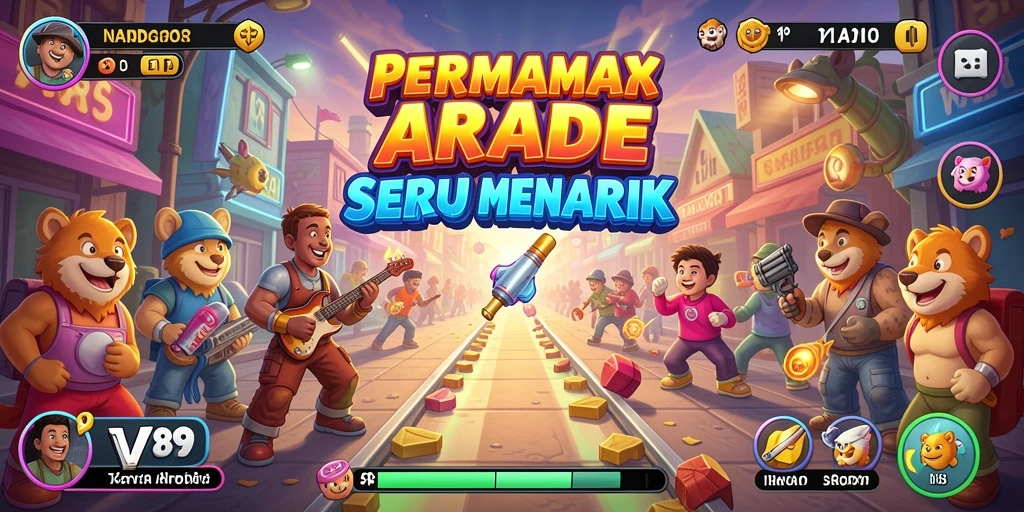 Screenshot V89 menunjukkan gameplay Arcade yang seru dan penuh warna.