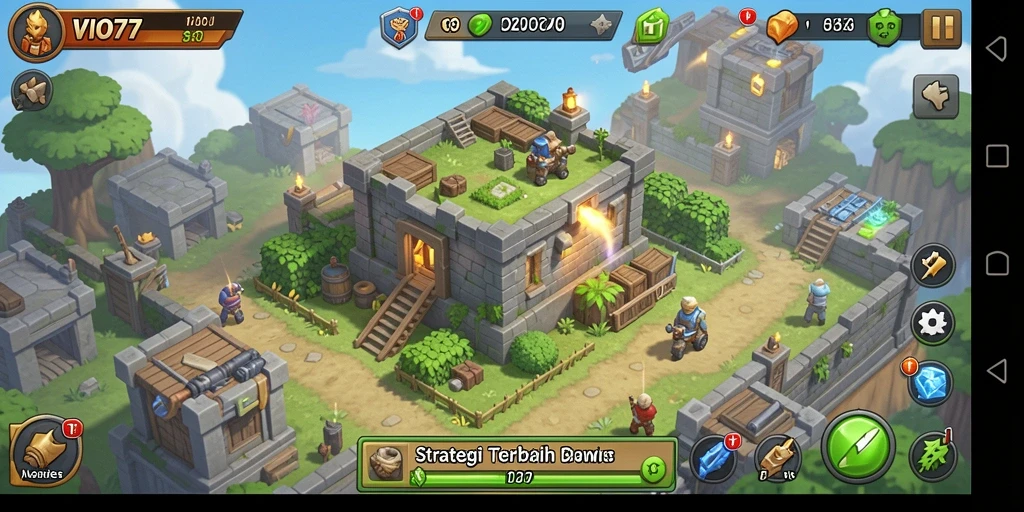 Tangkapan layar gameplay VIO77 yang menunjukkan aksi Tower Defense yang mendebarkan.