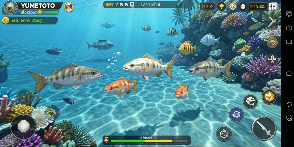 Screenshot gameplay YUMETOTO yang menampilkan momen menangkap ikan.